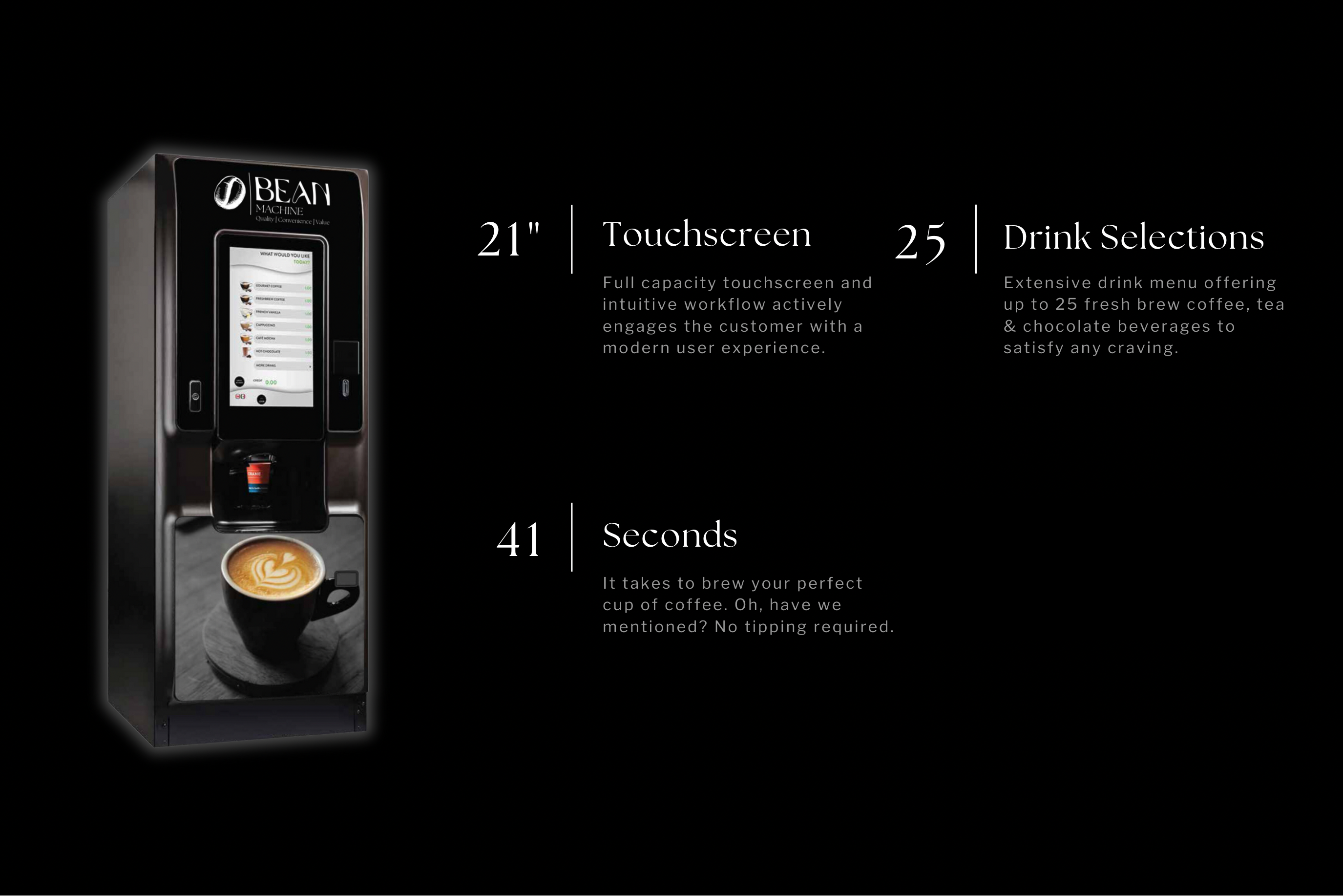 Bean Machine with a 21-inch touchscreen, 25 drink selections, and a cup in about 41 seconds